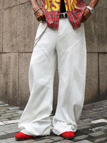 PAVTROS Manfinity Streetrush White Pleated Wide Leg Relaxed Fit Deconstructed Asymmetric Hem Jeans - White - View 2