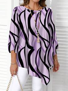 EMERY ROSE Plus Size Multicolor Tunic Blouse With Asymmetrical Hem For Casual Wear,Fall Clothes For Women Chic Blouses For Women - Multicolor - View 3