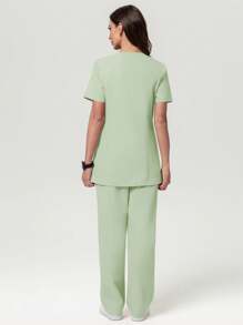 Scrubzie Anti-Wrinkle Long V-Neck Shirt And Long Pants 2 Pieces /Healthcare Scrub Uniform Set - Green - View 2