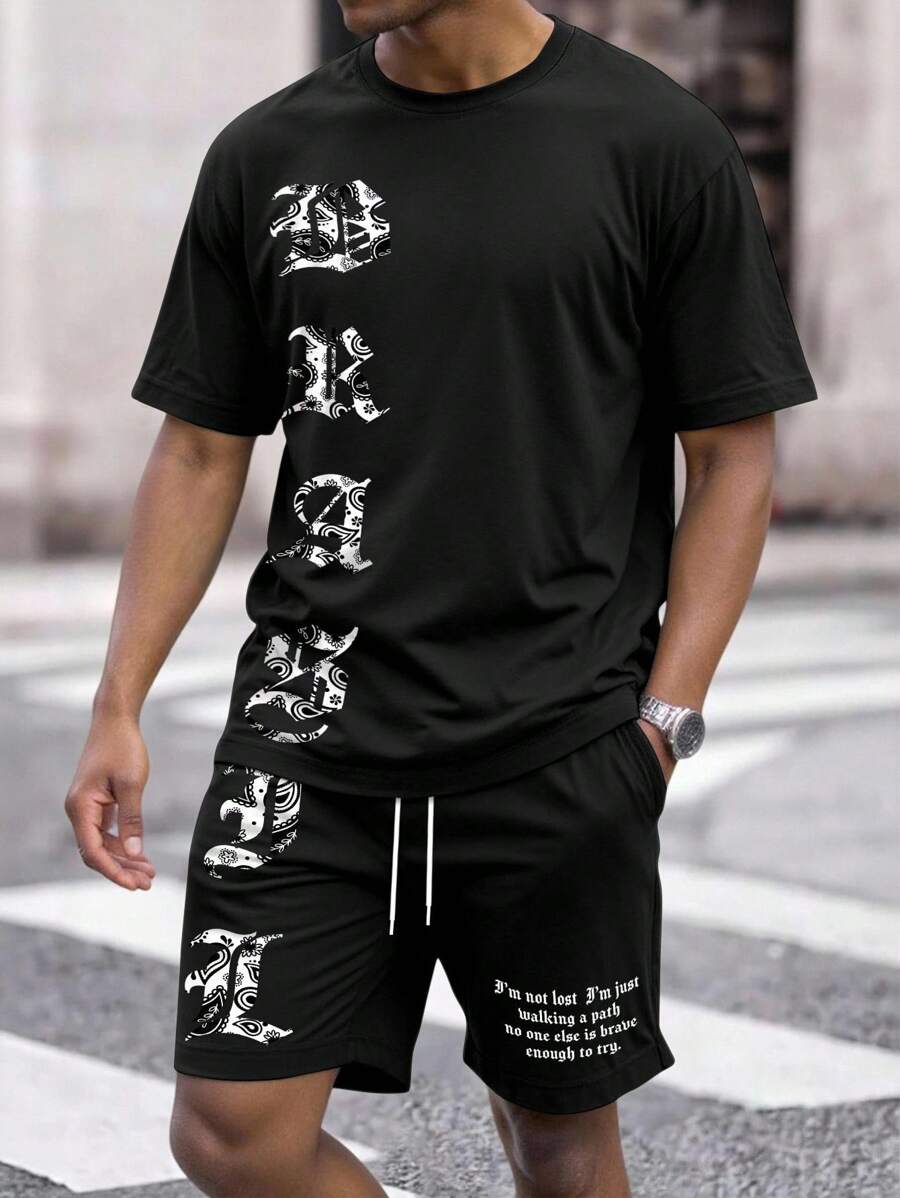 Manfinity Homme 男士字母图案休闲圆领短袖T恤套装,夏季工作室室内外穿着必备 - 彩色 - 查看 1