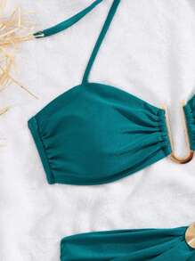 Swim Chiccia Quần yếm cạp cao vải nhẹ màu xanh nhạt cho lễ hội âm nhạc bãi biển mùa hè dành cho nữ Bộ bikini thanh lịch theo phong cách nghỉ dưỡng - Màu xanh ngọc - Xem 5