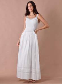 Enchnt Robe maxi femme blanche à dentelle romantique, taille plissée avec poches, pour l'été et l'automne