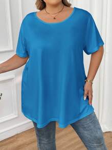 SHEIN CURVE+ Curve 大码/秋装/秋季女装/女士冬装/冬装大码纯色圆领休闲短袖 T 恤，夏季 - 藍色 - 查看 3