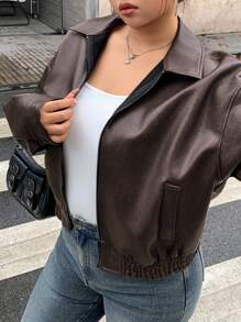 Dazy Plus Spring & Autumn New Vintage Style Short Faux Leather Jacket For Women, Plus Size Regular Fit Bomber Jacket For Valentine's Day,Fall Women Clothes Women Coats - Brown - View 5