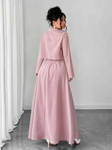 Elenzga Conjunto de dos piezas elegante y femenino de talla grande, chaqueta de manga larga + vestido largo, versátil para graduación, vacaciones, San Valentín, festival de música, Día de la Madre, Halloween, Acción de Gracias, Pascua, Día Nacional, baile de graduación, cita, fiesta, temporada de bodas, actividades al aire libre