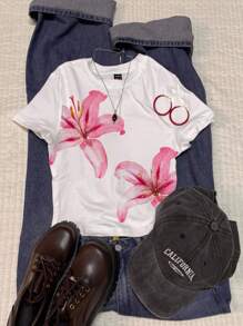 Attitoon 女士花卉印花圆领短袖修身T恤，适合夏季 - 白色 - 查看 3