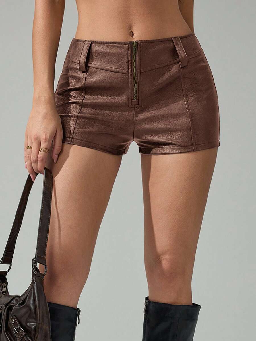SHEIN Tall Women's Solid Color Zipper Placket Fashion Versatile Shorts - Mocha Brown - View 1