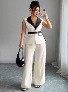 Elenzga A Two Pieces Set Of Elegant Summer Commuting Style For Plus-Size Ladies - Apricot - View 1