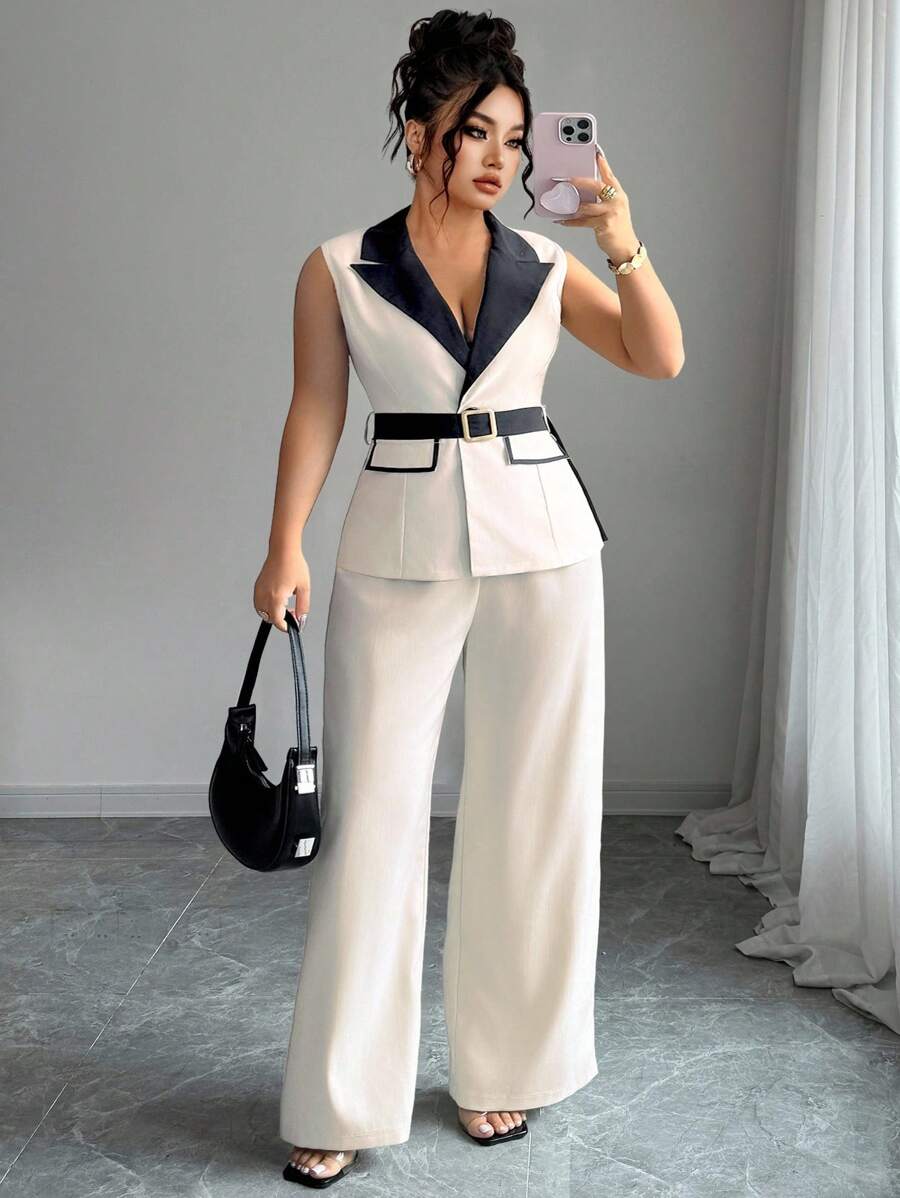 Elenzga A Two Pieces Set Of Elegant Summer Commuting Style For Plus-Size Ladies - Apricot - View 1