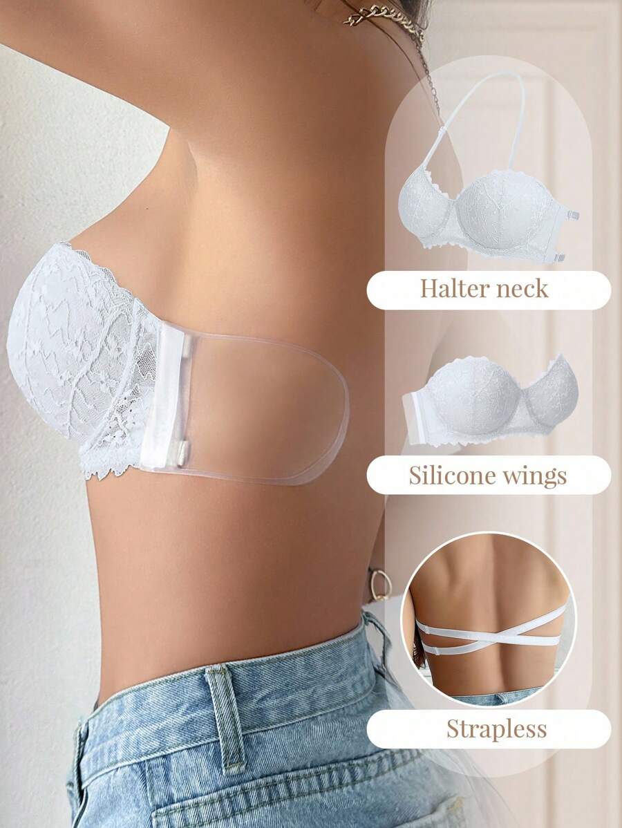 1pc Lace Open Back Underwired Brassiere Women, Small Bust Enhancing Minimizer Strapless Slip-Resistant Bra Lingerie - White - View 1