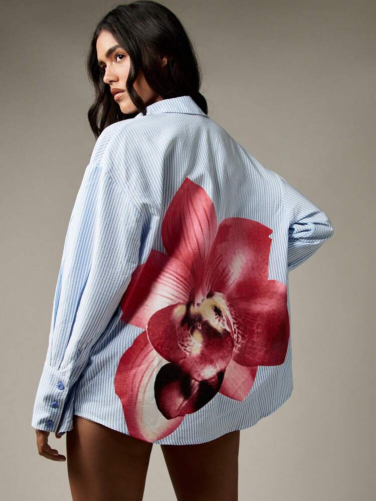 MISSGUIDED Striped Button Down Shirt Blouse With Floral Back Print Business Casual Office Wear Long Sleeve Spring Summer Professional Workwear