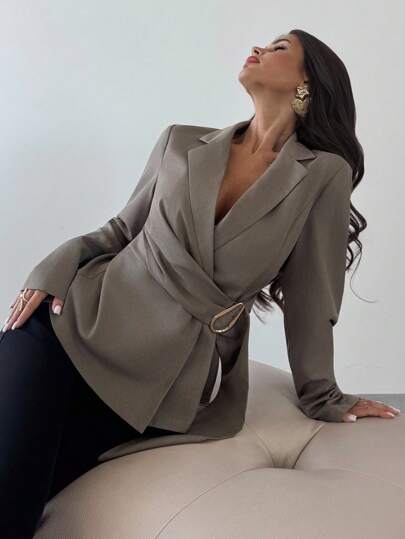 Firerie Women's Metal Decoration Brown Gray Imitation Linen Waist Suit Jacket/Fall Women Clothes/Fall Outfits Women /Fall Outfits/Back To School/Homecoming/Business Casual Woman /Old Money Style Women/Office Outfits For Women/Going Out Outfits,Fall Clothes For Women