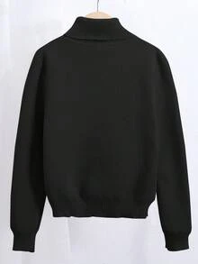 SHEIN Teen Girl Simple Solid Color Knitted Turtleneck Long Sleeve Sweater Fall Winter - Black - View 2