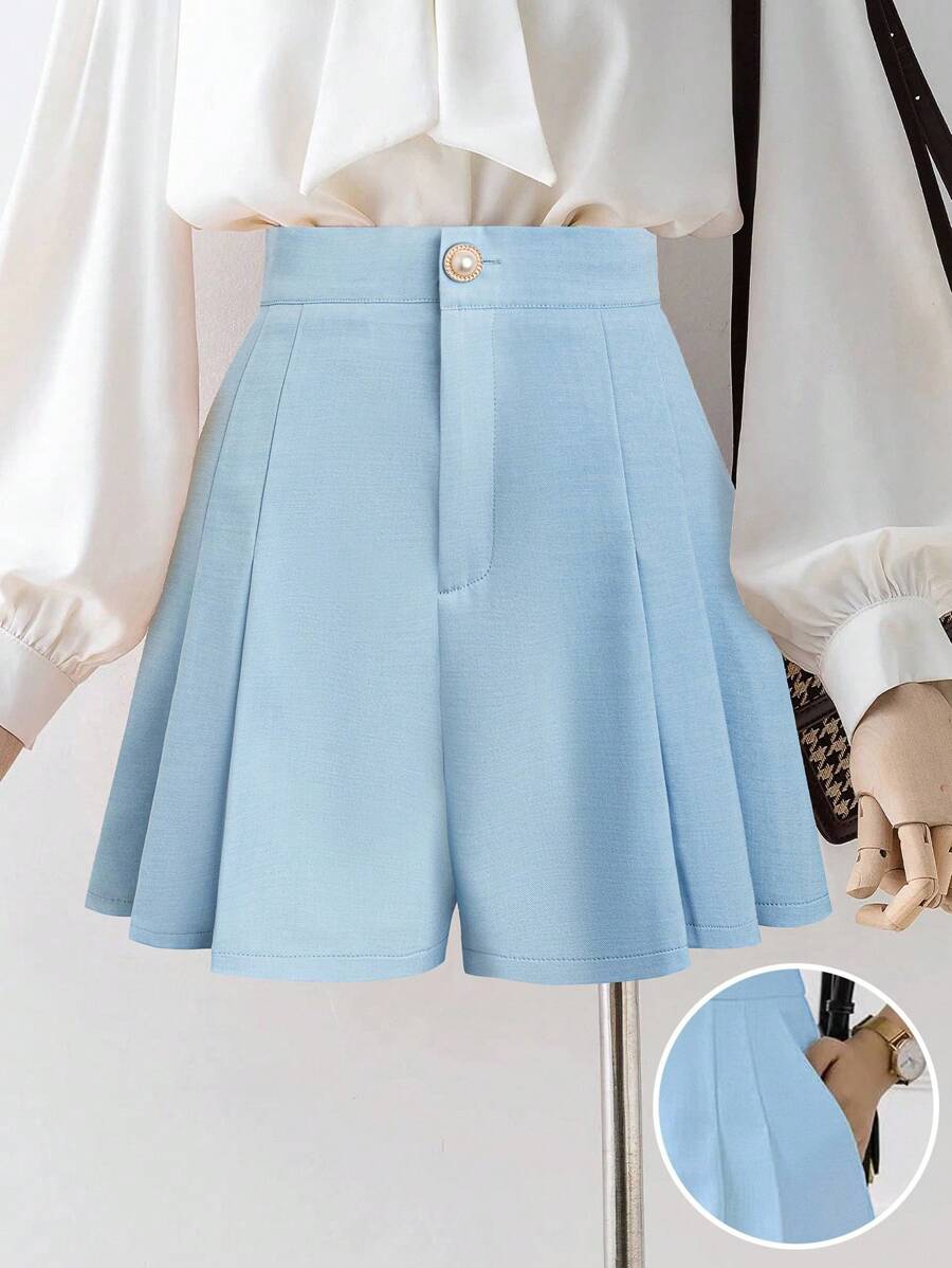 SHEIN Tall 全新女式梭织面料褶皱 A 字型前拉链后松紧腰修身中腰休闲短裤 - 藍色 - 查看 1