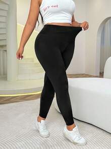 Solflare Quần legging cạp cao màu trơn cỡ lớn thường ngày - màu đen - Xem 3