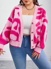 SHEIN CURVE+ Kontrast-Farbige Große Größen Einreiher Sexy Strick Cardigan, Herbst/Winter Große Größen Rosa Cardigan Rosa Cardigan Damen Rosa Pullover Süßer Cardigan Y2k Große Größen Cardigan Herbst Kleidung für Damen, Winter, CURVE PLUS
