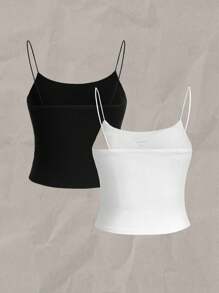 SHEIN Essnce 2 件套女士紧身褶皱吊带背心套装，带胸垫，适合夏季 - 彩色 - 查看 2