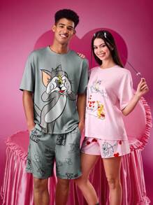 TOM & JERRY X SHEIN Men's Casual Loose Knit Tom Print Gray T-Shirt And Shorts 2Pcs Loungewear Set, Couples Style