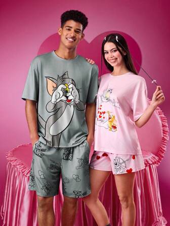 TOM & JERRY X SHEIN Casual Löststickad män, Tom Print Grå T-shirt och shorts 2st Loungewear-set, parstil