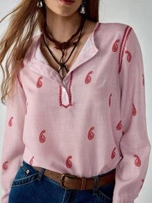 Florisole 休闲度假风条纹腰果花印花衬衫，春秋季女装，点缀一抹红色。 - 紅色 - 查看 7