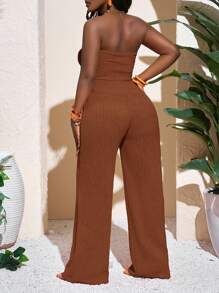 Slaydiva Novo Macacão Feminino de Tricô Laranja, Elegante e Sexy, com Top Tomara que Caia, Laço e Calça Reta de Perna Larga para Primavera e Verão - Castanho - Visão 3
