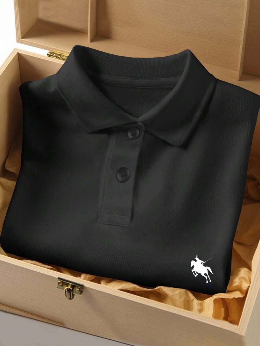 女式骑士印花短袖休闲 Polo 衫 - 黑色 - 查看 1