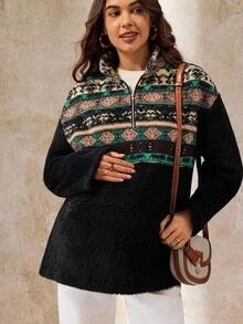 Boho Mama 秋冬款秋冬女装孕妇几何图案拉链偏门襟长袖运动衫