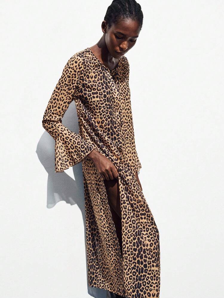 SHEIN Maija Women's Vacation Leopard Print Tie Neck Flare Sleeve Chiffon Dress, Vintage, Western Wear Women