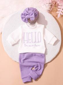 SHEIN Newborn HELLO Letter Embroidered Outfit Set, Infant Tops, Bottoms, Hat, Baby Photography Clothes For 1 Month To 100 Days Old, Unisex Fall Winter - Multicolor - View 3