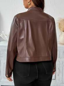 Vionelle 加大码女式法式浪漫西西里优雅休闲通勤度假下午茶派对纯色立领前开金属按扣装饰口袋翻盖侧袋长袖短款夹克 - 棕色 - 查看 2