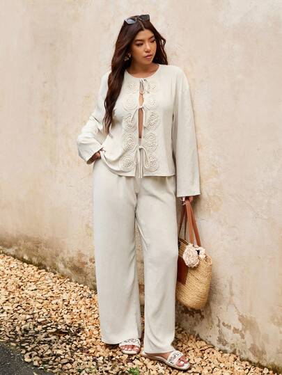 Elaquor Plus Size Women Contrast Lace Front Tie Long Sleeve Shirt & Wide Leg Pants Two Pieces Set,Fall Clothes For Women