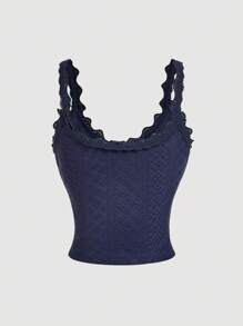 SHEIN MOD 蕾丝肩带前蝴蝶结装饰腰部褶饰提花针织吊带背心 - 藏蓝色 - 查看 2
