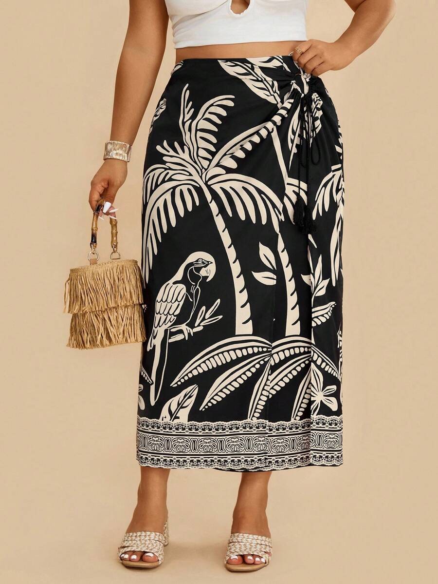 Travachic Falda para mujer talla grande de dos tonos con estampado geométrico y floral estilo bohemio y casual de vacaciones con flecos y nudo, otoño