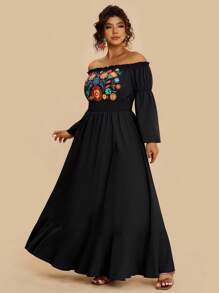 SHEIN VCAY Plus Size Women Floral Print Off-Shoulder Long Sleeve Flare Sleeve Front Split Maxi Dress, Casual/Resort - Black - View 3