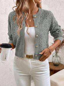 SHEIN Clasi Women's Solid Color Long Sleeve Single Breasted Casual Short Hollow Out Cardigan In Fall/Winter - Grey - View 3
