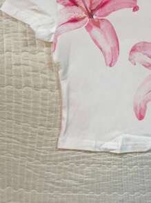 Attitoon 女士花卉印花圆领短袖修身T恤，适合夏季 - 白色 - 查看 6