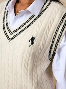 Poéselle 女式学院风麻花针织毛衣背心 - 撞色饰边 V 领套头无袖上衣、针织毛衣背心、女式学院风背心、麻花针织背心、V 领无袖毛衣、经典套头背心、复古毛衣背心、秋冬学院风针织衫 - 黑與白 - 查看 7