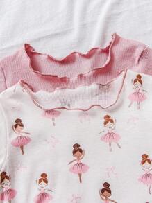 SHEIN 4 件套女婴休闲可爱芭蕾女孩图案粉色 2 件长袖上衣 + 2 件裤子套装，秋冬 - 彩色 - 查看 5