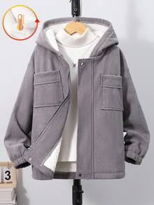 男童灰色连帽外套，保暖内衬，胸前口袋，弹性袖口，秋冬季休闲时尚单品 - 灰色 - 查看 1