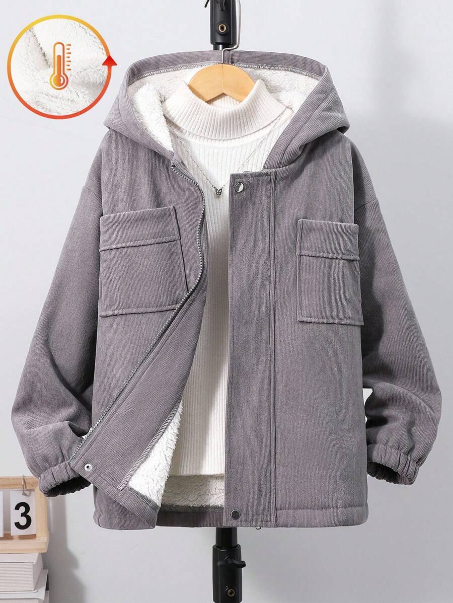 男童灰色连帽外套，保暖内衬，胸前口袋，弹性袖口，秋冬季休闲时尚单品 - 灰色 - 查看 1