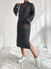 EURMUSE Damen Strickkleid mit Reißverschlussdetail - Dunkelgrau - Übersicht 7