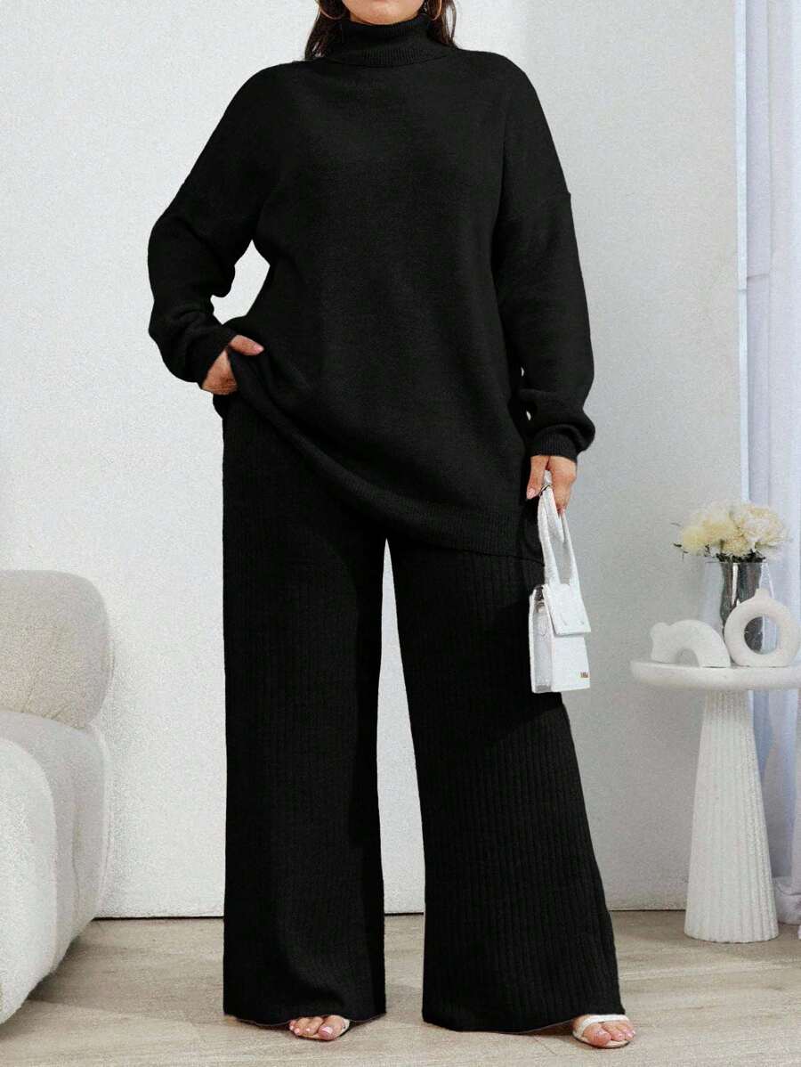 EURMUSE 2pcs High Neck Drop Shoulder Sweater And Ribbed Solid Color Sweater Pants - Black - View 1