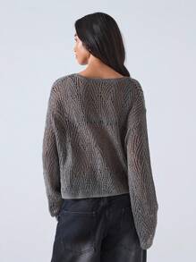 LYSMO 女士纯色落肩长袖镂空系带开衫 - 灰色 - 查看 2