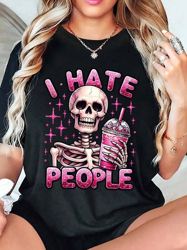 Flirla "I Hate People" English Letter Print, Pink Drink And Star-Decorated Summer Women's Round-Neck T-Shirt