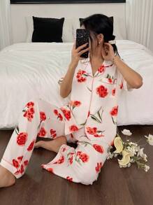 SHEIN 花卉印花翻领短袖睡衣套装 - 彩色 - 查看 7