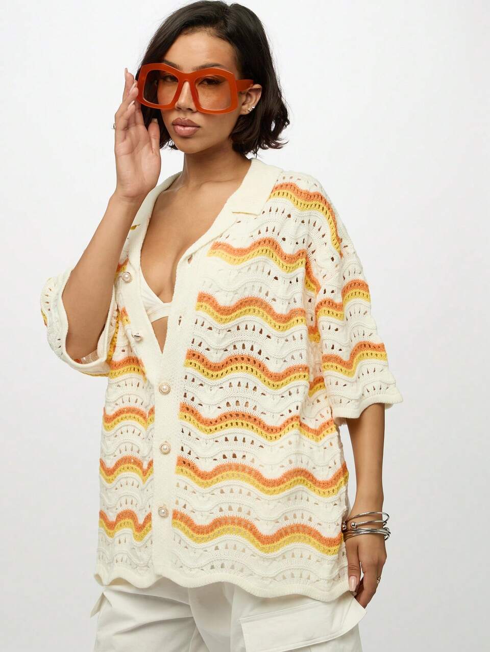 SUMWON Wave Pattern Crochet Button Through Cardigan Summer Retro Style Bohemian Knit Sweater With Eyelet Detail Casual Beach Cover Up