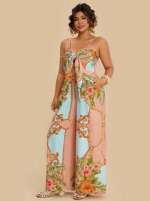 Travachic Plus Size Women Pink Floral Painting Print Sleeveless Jumpsuit,Front Bowknot Boho Summer Vacation Holiday Resort Beach Tropical Outfits With Pockets - Multicolor - View 3