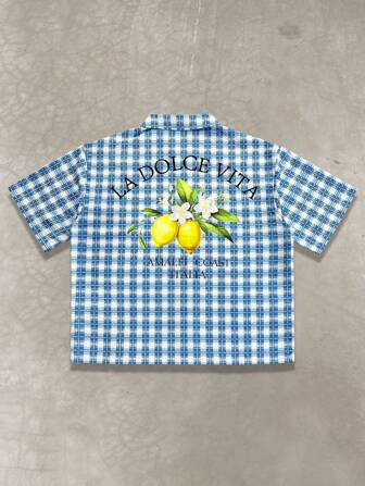 Street Life Chemise décontractée pour hommes à manches courtes, simple boutonnage, imprimé en grille avec lettres