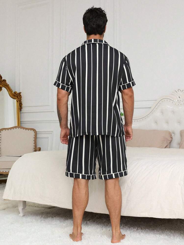 Striped Panda Embroidery Shirt With Men's Home Casual Set, Summer Pajama