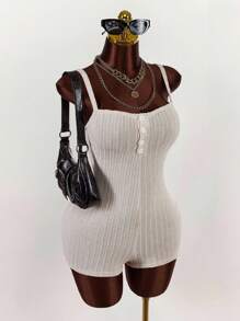 Amplova Plus Size Women Deep V-Neck Button Design Jumpsuit - Apricot - View 6